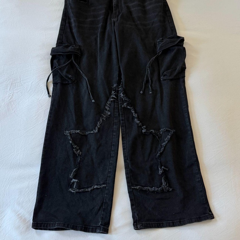 VIP Jeans Womens Black Star Patchwork Cargo Pants Wide Leg Utility Y2K Size 7/28